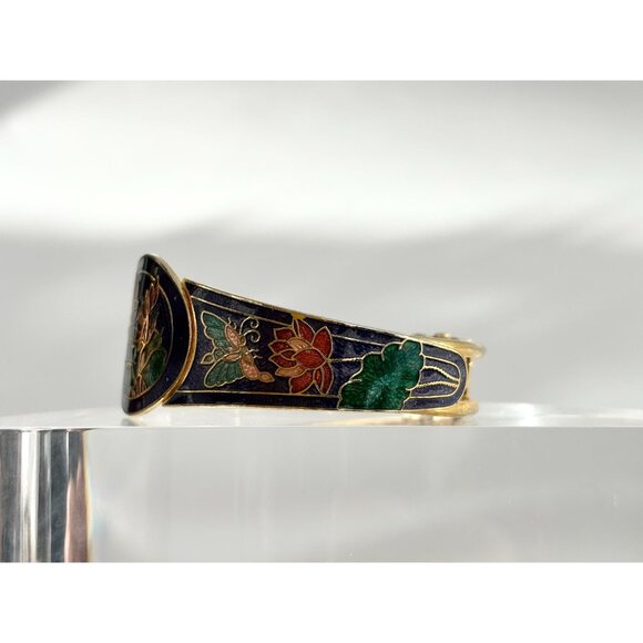 Cloisonne Enamel Floral Gold Toned Chunky Vintage Hinged Bracelet | Bangle - Picture 7 of 16